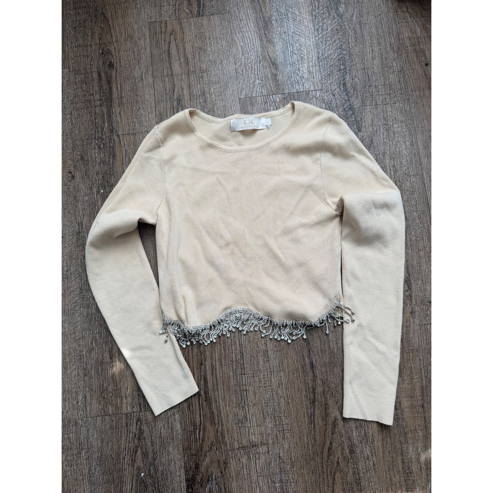 Lizette Collection Cream Cropped Sweater Rhinestone Fringe Hem LC-A4839 Medium